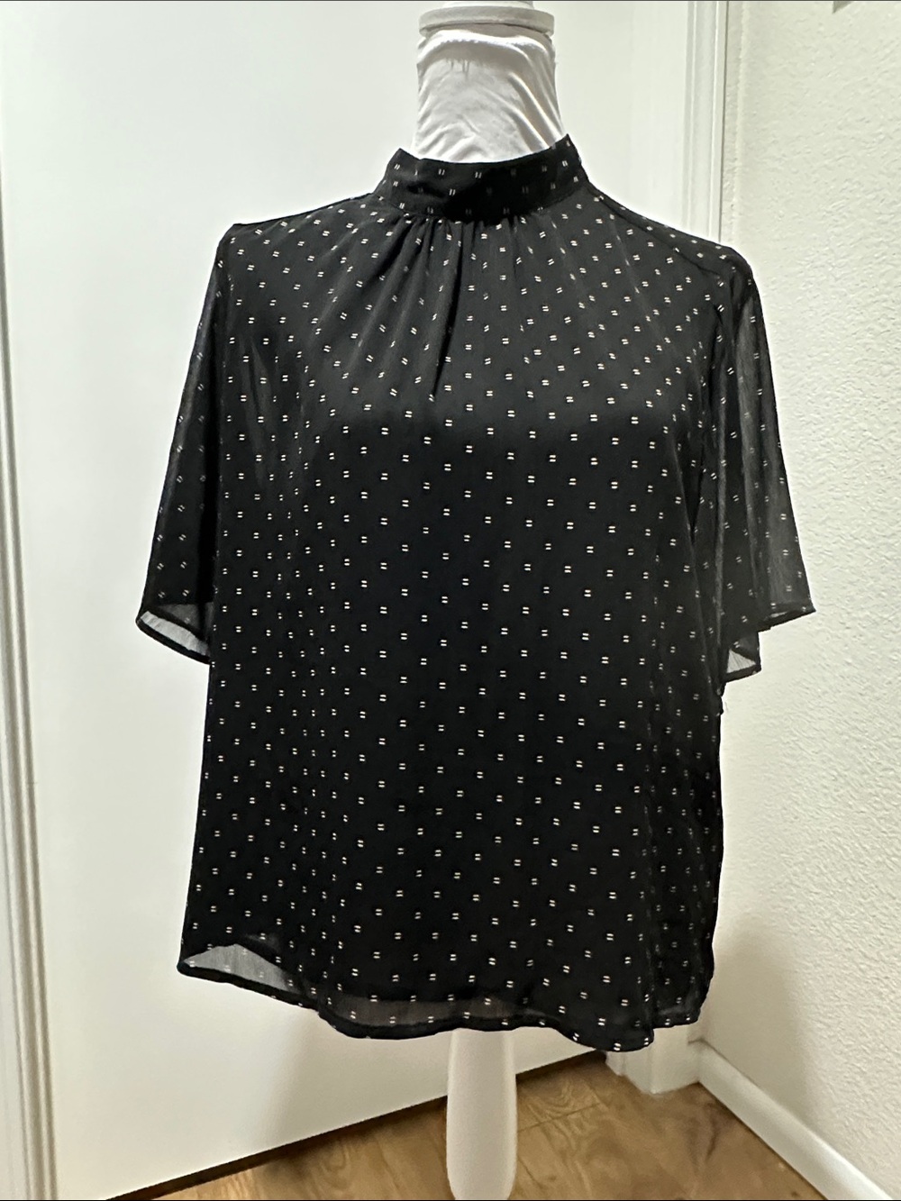 Black High-Neck Sheer Blouse with Dot Detail